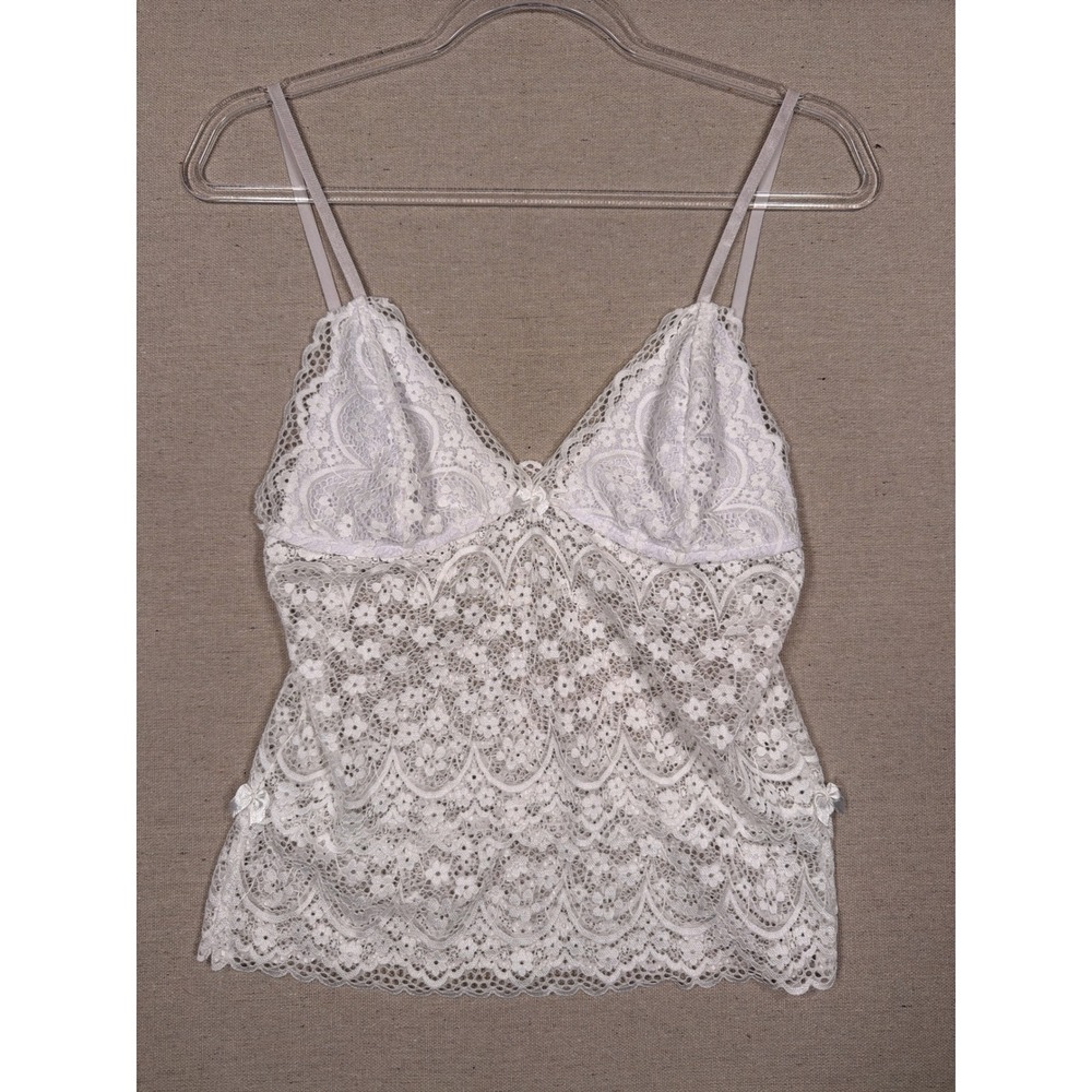 White Floral Lace Camisole V-Neck Adjustable Strap Scalloped Hem Top Small Bows